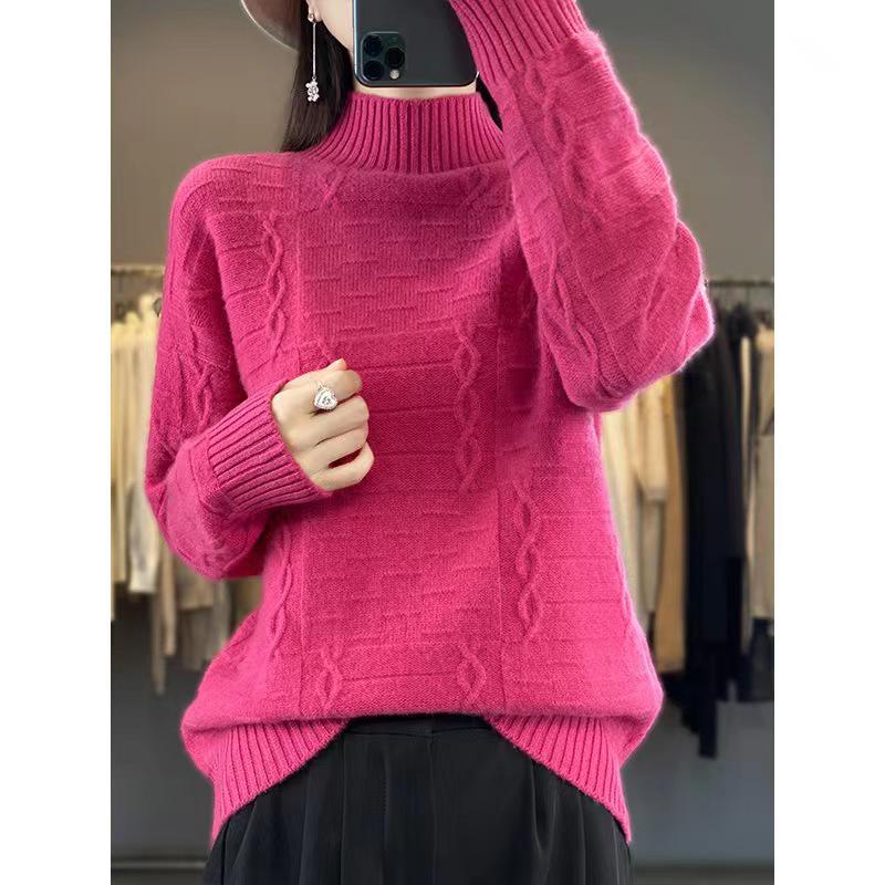Women's High Neck Wool Sweater - Thick, Loose Knit Top for Autumn/Winter