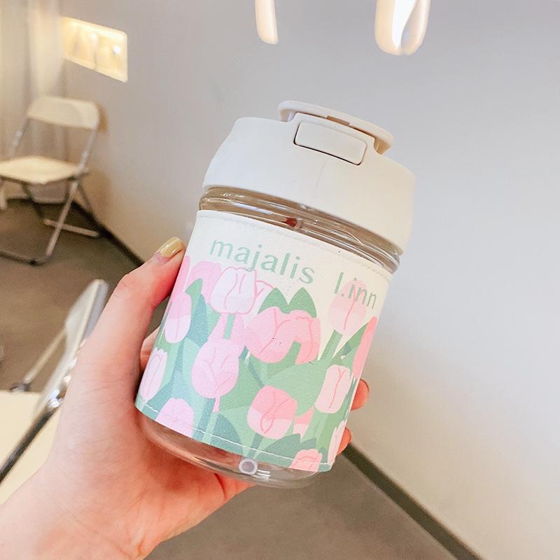 

Стеклянная чашка Fresh Girl с крышкой и трубочкой - корейская, не допускающая ожогов, переносная двухслойная чашка 400-500ml