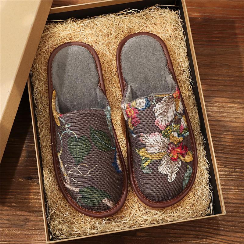 Japanese-Style Cotton Slippers: Velvet-Lined, Anti-Slip, Printed Linen, Soft TPR Sole, Durable, Comfortable, Warm.