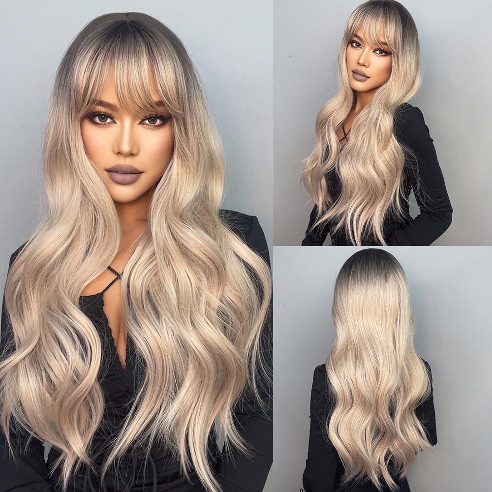 Long Natural Wavy Platinum Blonde Wigs with Bangs Cosplay Party Lolita Synthetic Wigs for Women Heat Resistant Fiber