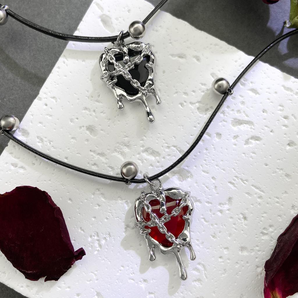 Punk Gothic Red Lava Star Cross Heart Pendant Leather Rope Necklace  Vintage Harajuku Grunge Heart Vortex Sun Charms Chain