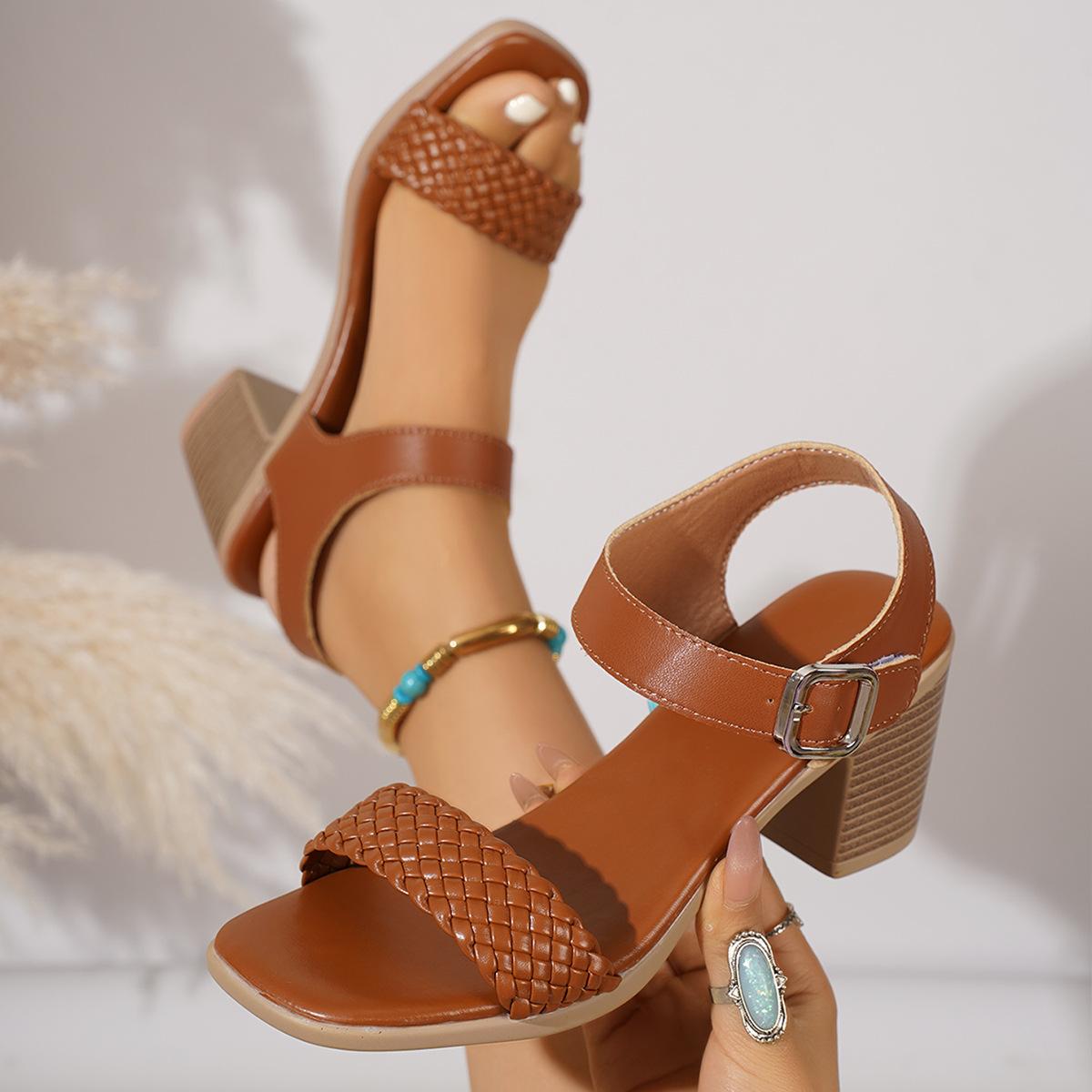 

Fashion Bohemia Ethnic Weave Straps Sandals Women Square Toe High Heels Sandals Women 2025 Summer Casual Beach Ankle Strap Shoes 36 коричневый