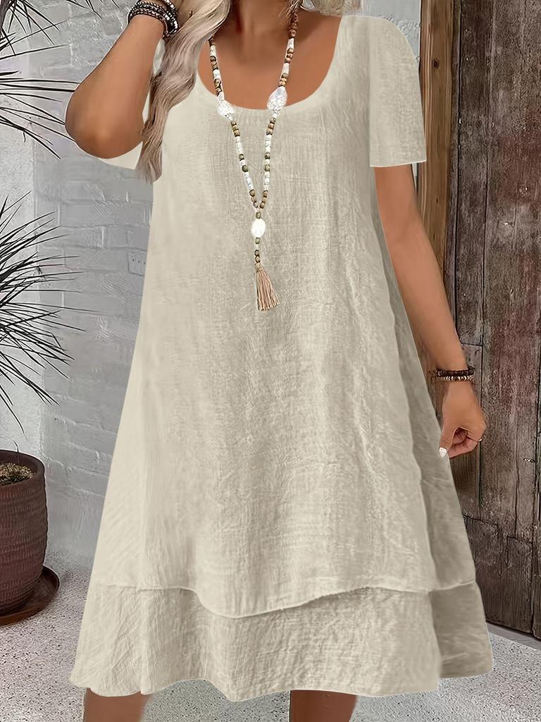 European & American Spring/Summer Women's Casual Loose Short Sleeve Solid Color Layered Dress