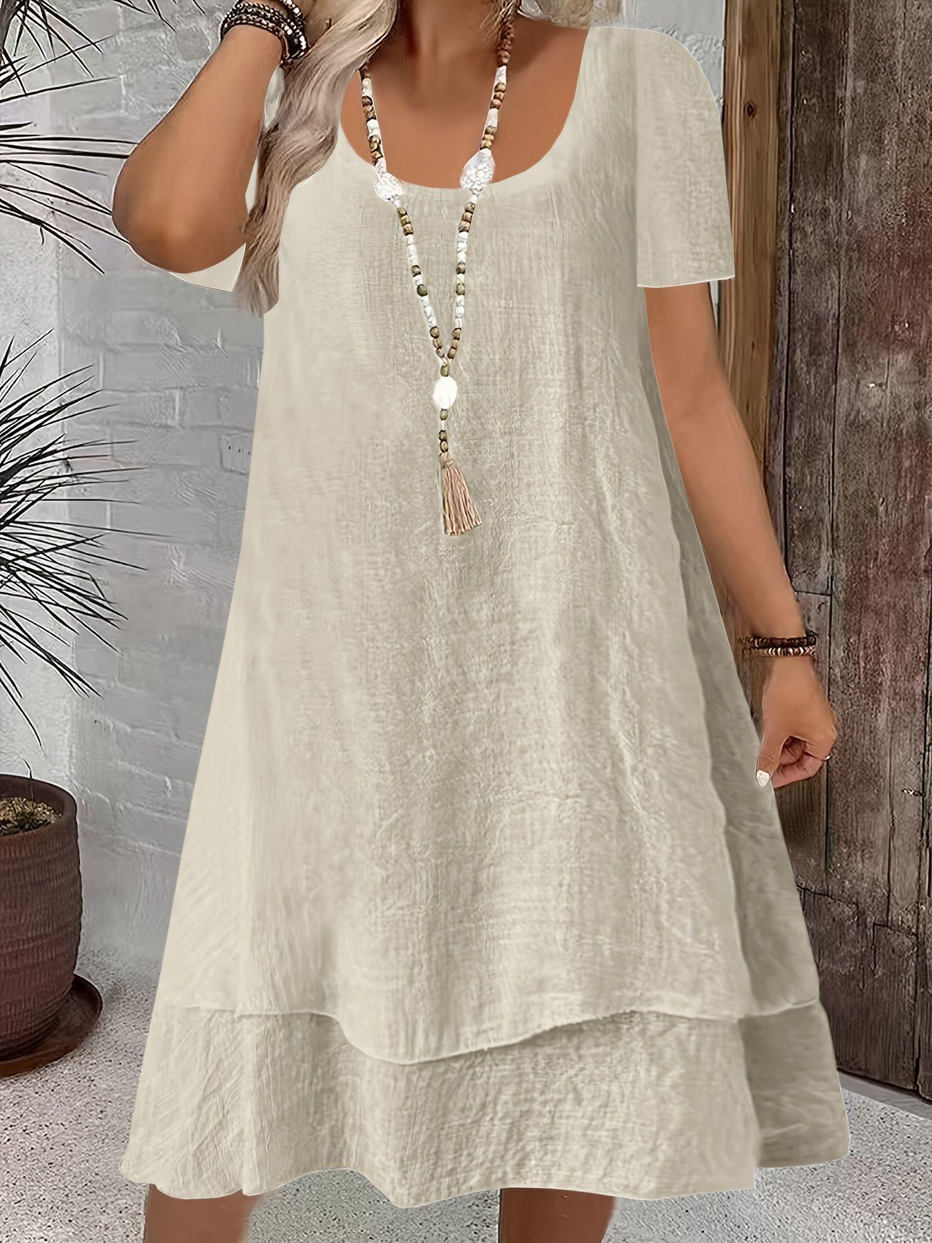 Spring/Summer Women s Casual Loose Short Sleeve Solid Color Layered Dress 2XL