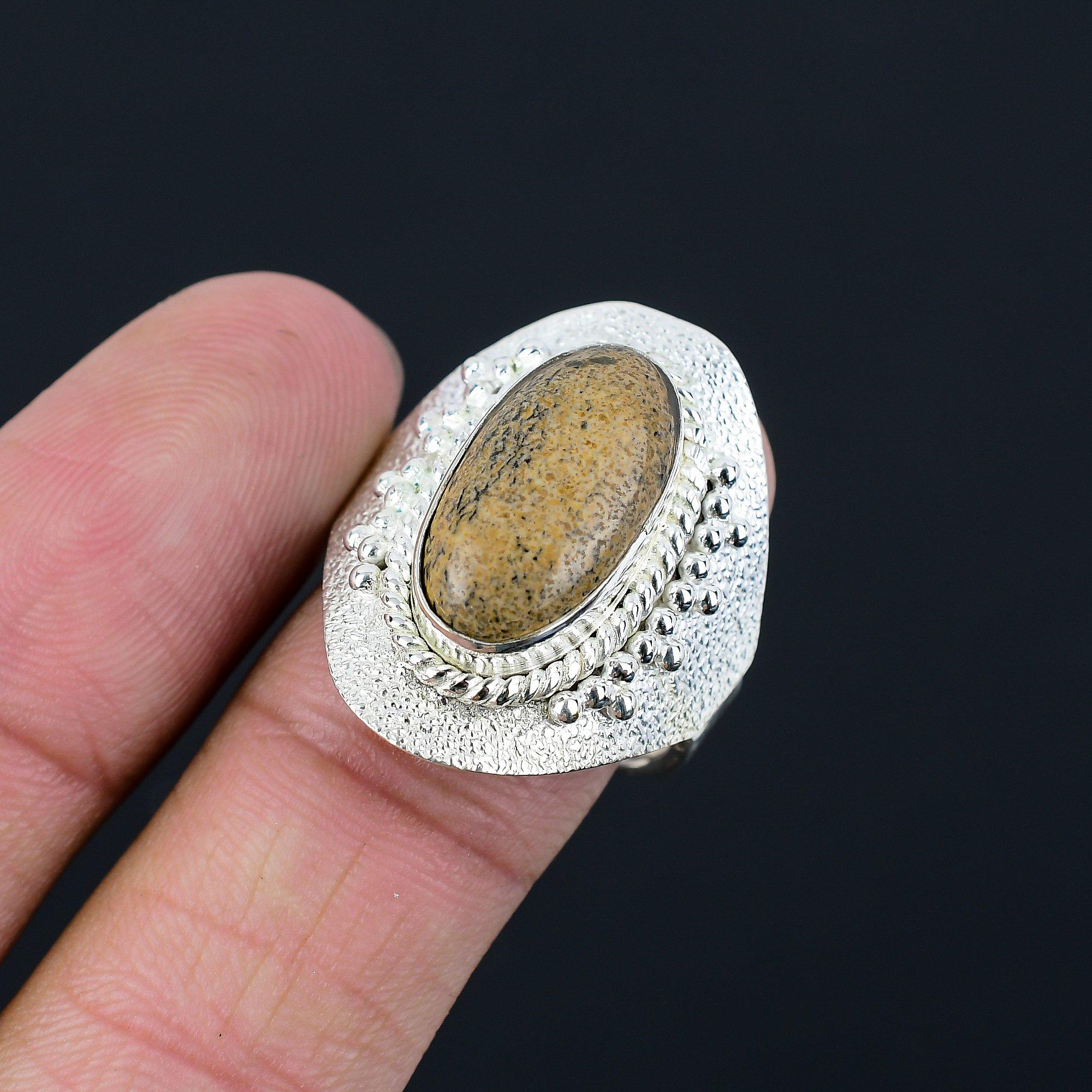 

925 Sterling Silver Picture Jasper Stone Promise Stackable Ring Jewelry US 9.5 9.5