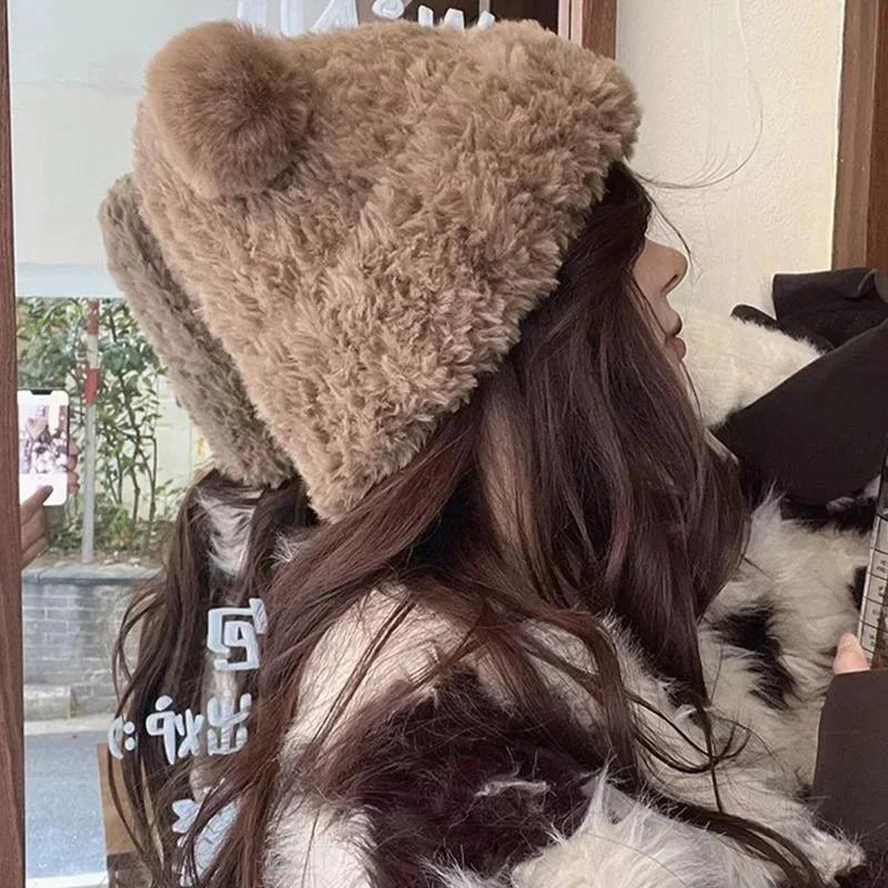 Cute Little Bear Hat Winter Thickened Big Headed Soft Glutinous Plush Hats Ear Protection Woolen Korean Warm Fluffy Fur Headgear