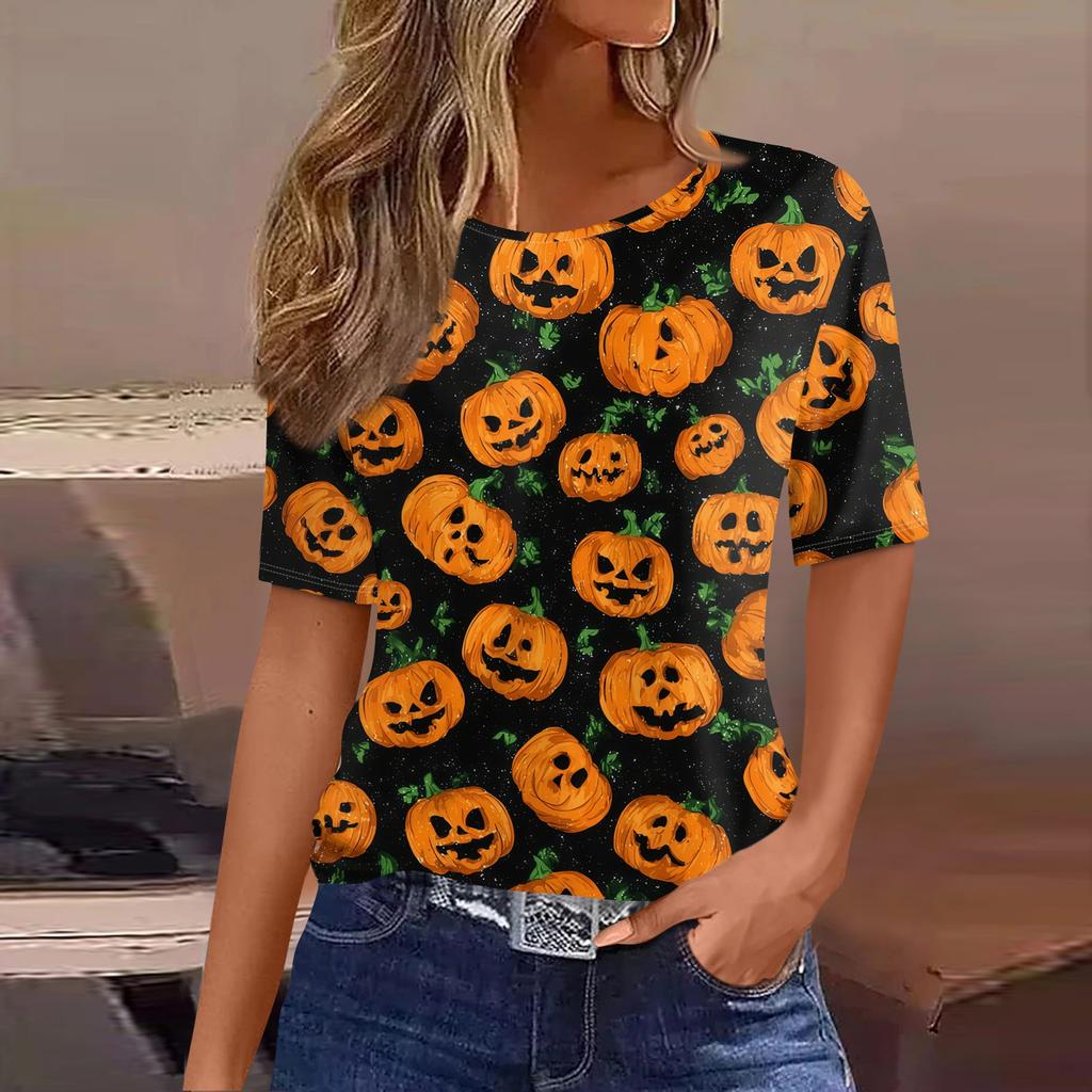 Women's Casual Short Sleeve Pullover Top Halloween Spider Web Pumpkin Print Round Neck Blouse Lightweight Comfortable Fit
