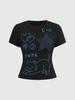 European and American Summer New Round Neck Pullover Short Sleeve Letter Multi-picture Printing Off the Navel European and American Women's Top T-shir