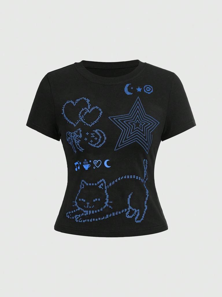 European and American Summer New Round Neck Pullover Short Sleeve Letter Multi-picture Printing Off the Navel European and American Women's Top T-shir