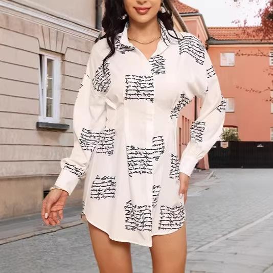 European and American Women's Sexy Mini Letter Print Casual Button-down Long-sleeved V-neck Waist Shirt