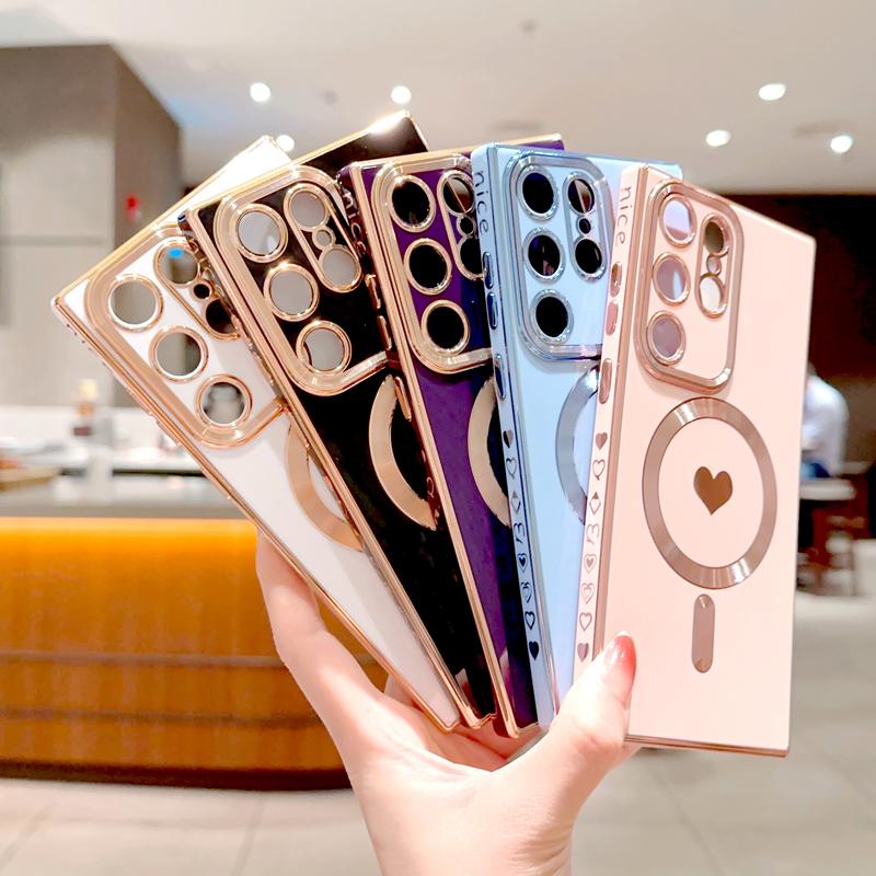 Plating Soft TPU Case For Samsung Galaxy S26 S25 S24 S23 S22 S21 Ultra Plus For Magsafe Magnetic Charge Love Heart Full Cover
