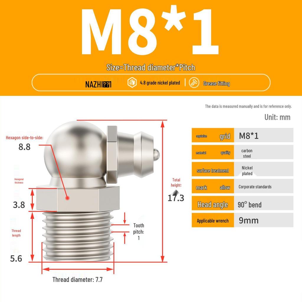 Nickel-Plated Iron Bent Grease Nipple Grease Gun Head M6-M14 G1/8