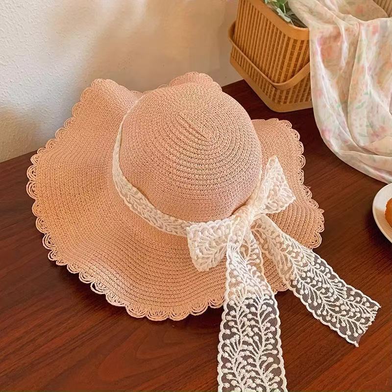 New bow lace straw hat women's summer seaside beach vacation sun hat large brim sun protection hat