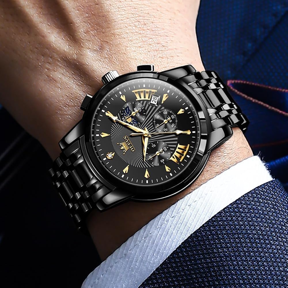 OLEVS Men's Chronograph Watch Black Analog Waterproof Quartz Business Style Large Display