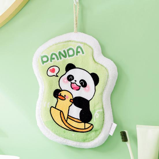 Cartoon Panda Hand Towel Hanging Thickened Washcloth Absorbent Towel with Hanging Ring for Kitchen Bathroom Home Travel