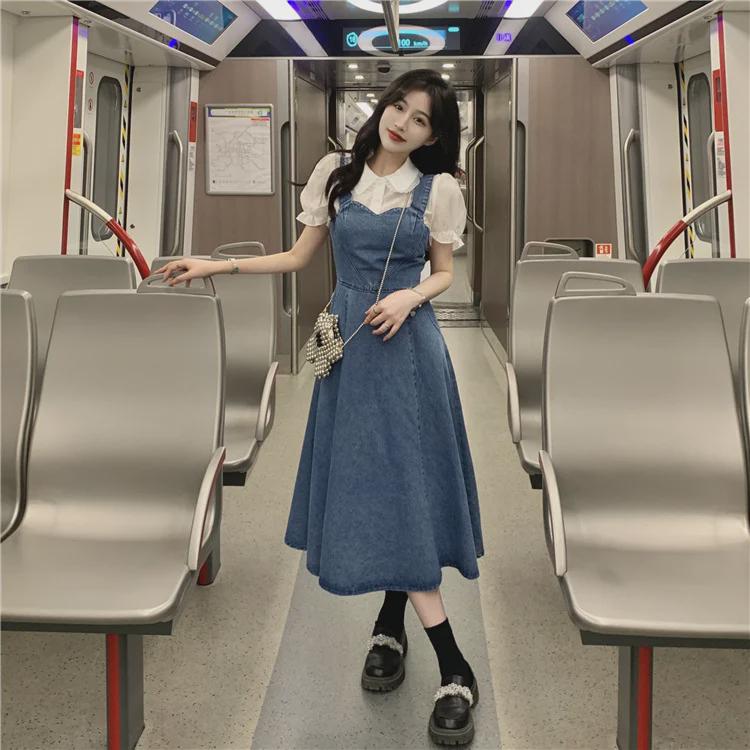 Women's Chic French-Style Denim Overall Skirt - Retro, Sweet, and Elegant Hong Kong Inspired Design