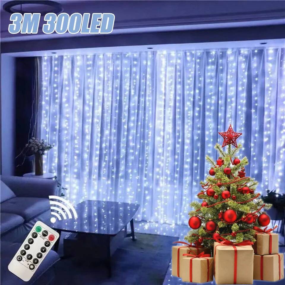 Christmas Curtain LED String Lights Garland Festival 8 Modes USB Remote Control Holiday Wedding Fairy Lights for Bedroom Decor