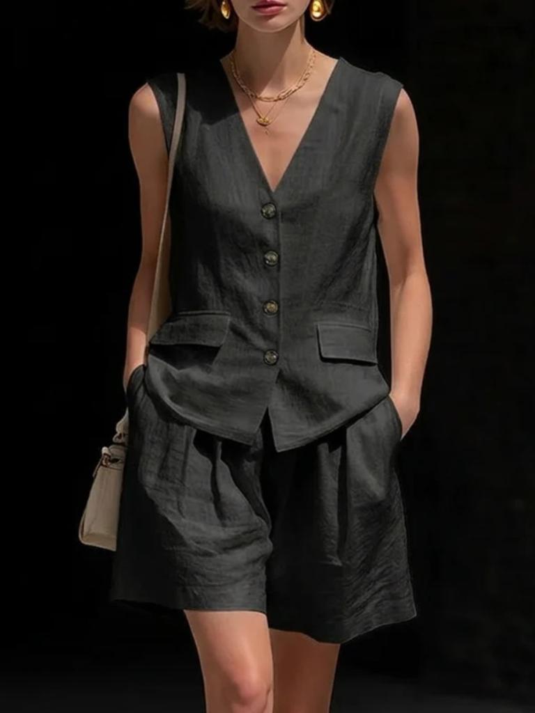 New Women's Simple Elegant Cotton Linen Vest Top Set with Shorts Outfit