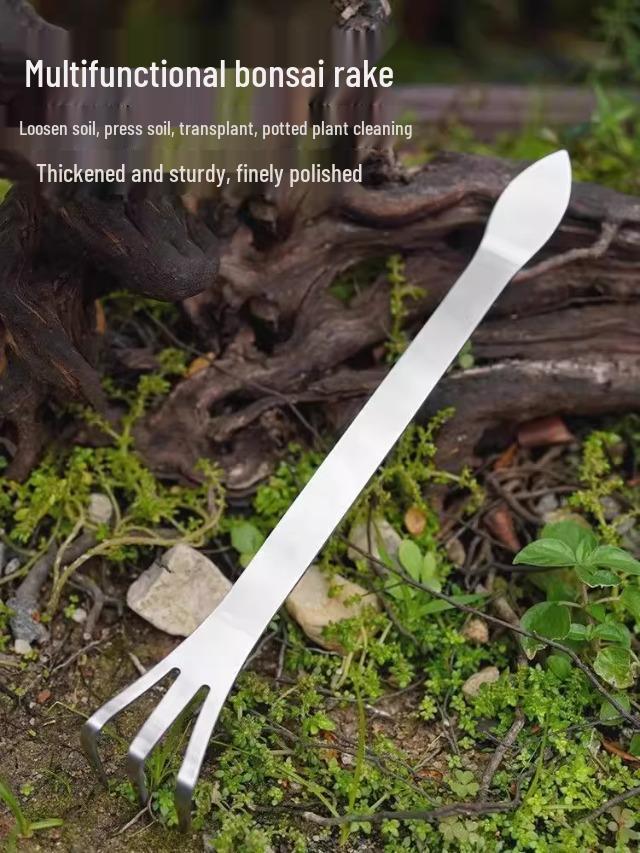 Dual-Headed Stainless Steel Bonsai Rake for Soil Loosening & Bud Picking in Flower Pots