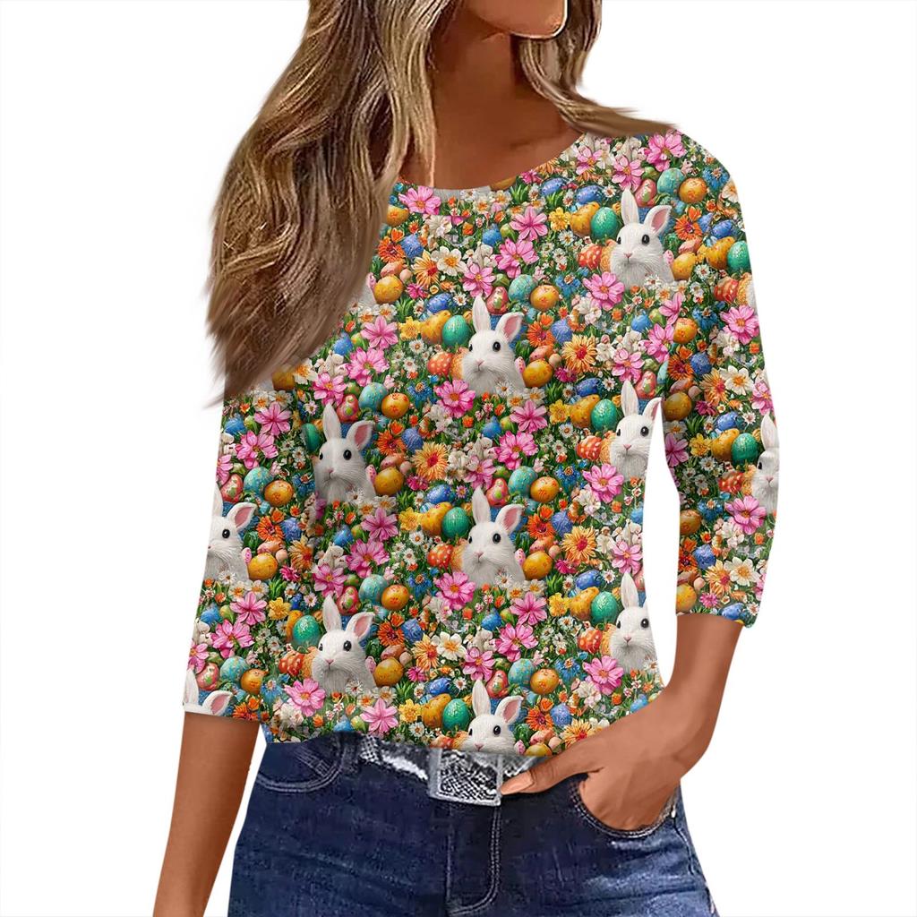 Damen T-Shirt mit Weihnachtsdruck, 3/4-Ärmel, für den Alltag, Wochenendmode, Basic, Rundhalsausschnitt, normales Oberteil