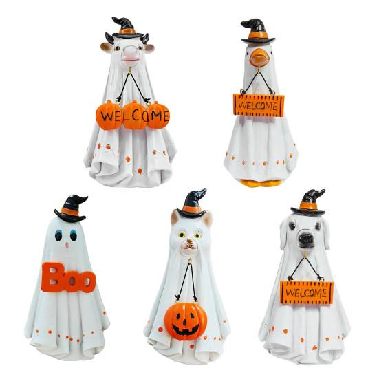 Halloween Porch Ghost Figurine Resin Cow Goose Cat Statue with Pumpkin Bucket or Welcome Sign for Indoor Outdoor Yard Lawn Shelf Table Decor
