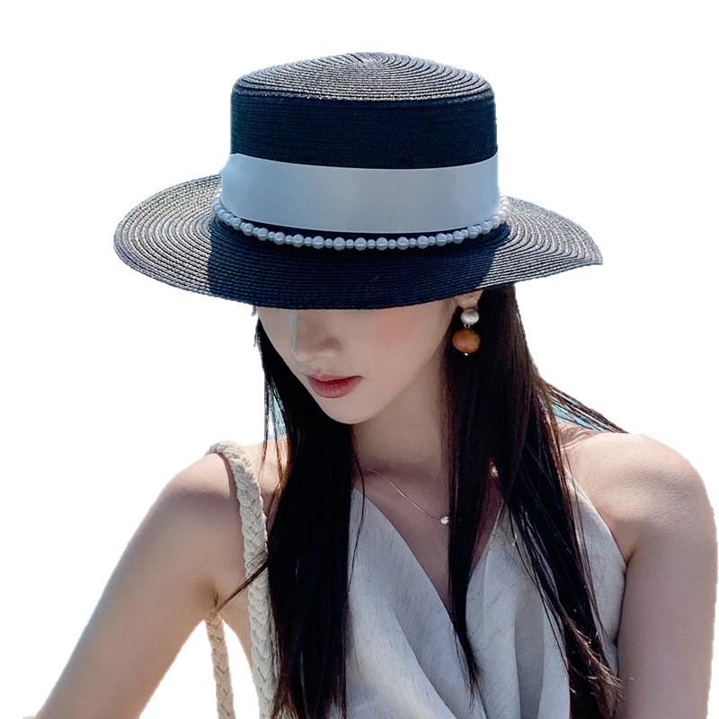 French Retro Pearl Celebrity Style Lafite Straw Hat Summer Breathable New Sun Hat Children Show Face Small Sun Protection Hat
