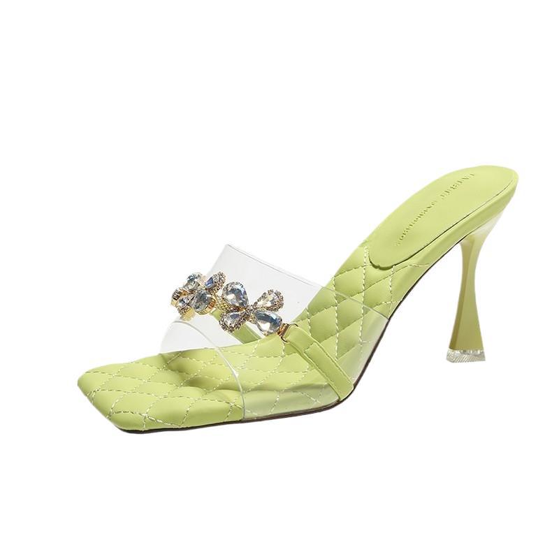 Internet celebrity open-toed square head one-word slim heel 2025 summer new versatile women's sandals small fresh high heels