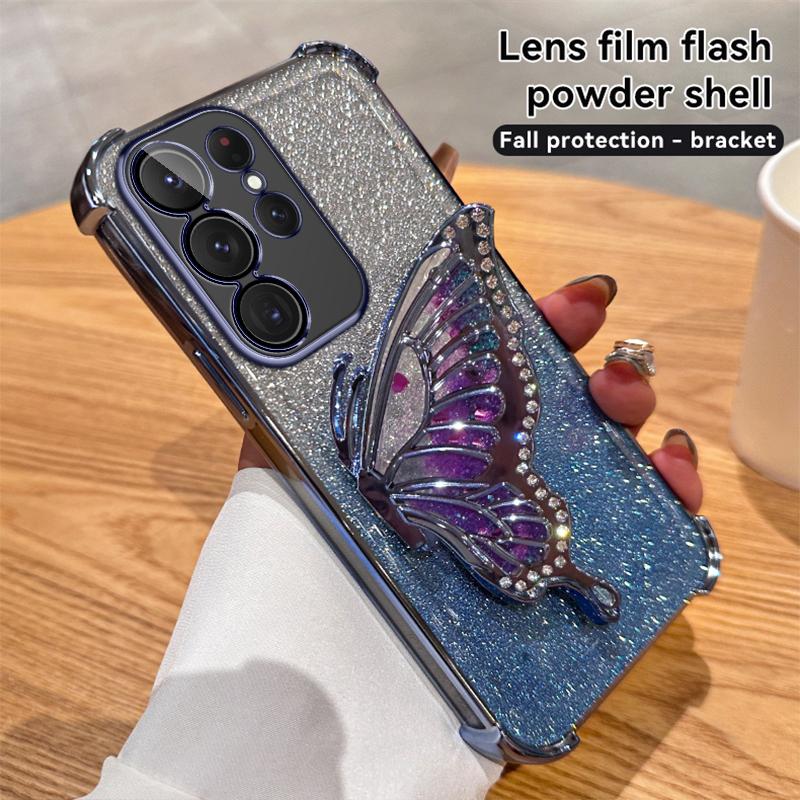 Samsung S23 S24 Ultra S21 S22 Plus S23FE A52 A15 A55 A14 A34 A54 iPhone 16 15 14 13 12 11 Pro Max 15 14 Plus için Gradient Glitter Kelebek Stand Kılıf