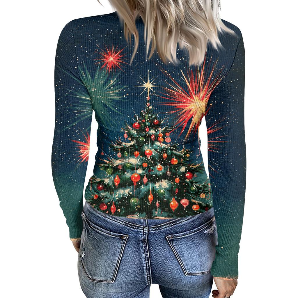 Women's Casual Long Sleeve Christmas Print Neck Ribbed Knit Top