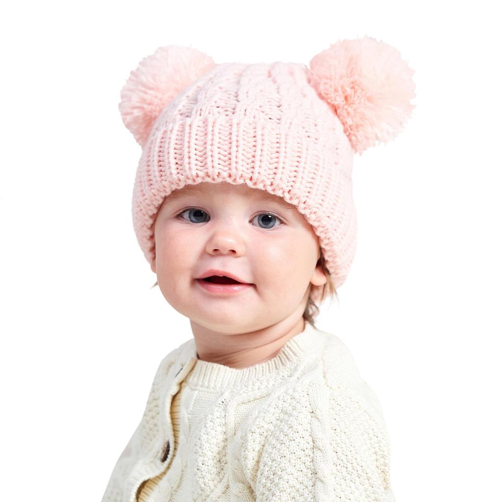 New Solid Color Cable Knit Double Pom Pom Hat for Kids - Warm Autumn/Winter Pullover for Babies & Toddlers