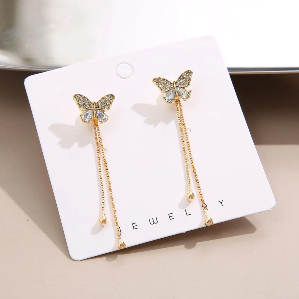New CZ Crystal Butterfly Gold Color Chain Tassel Long Drop Earrings for Women Temperament European and American Girl Zircon