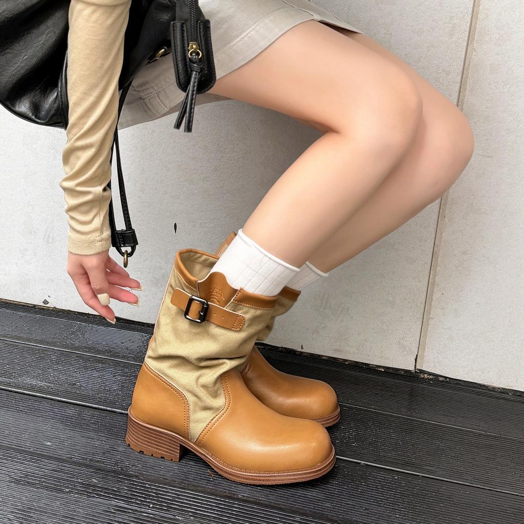 Retro Splicing Western Cowboy Boots Women Fold Two Wear Wide Tube Stack Boots Thick Heel Round Head Knight Boots