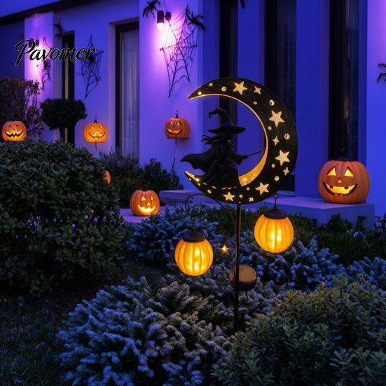 Unique Halloween Gifts for Home Solar Witch Pumpkin Moon Garden Stake Light, Waterproof on Crescent Powered Decorative Stakes with Lantern,