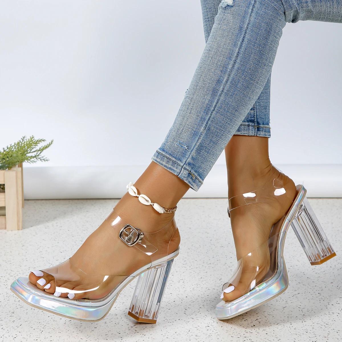 

Летние новые прозрачные босоножки на высоком каблуке, повседневные модные толстые каблуки с прямой пряжкой, удобные босоножки на высоком каблуке для женщин 35