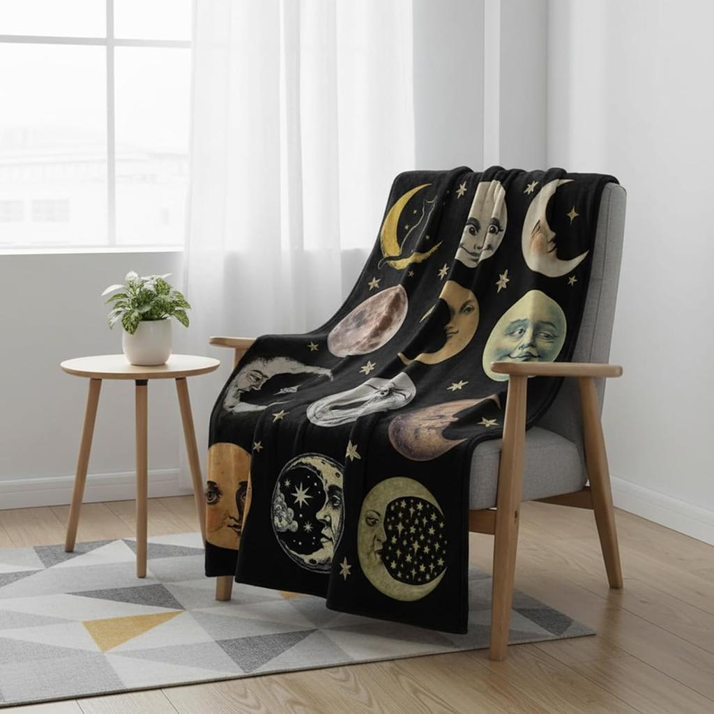 Funny Vintage Moon Face Throw Blanket Weird Moon Phase Meme Celestial Art Unique Humor Gift For All Decor