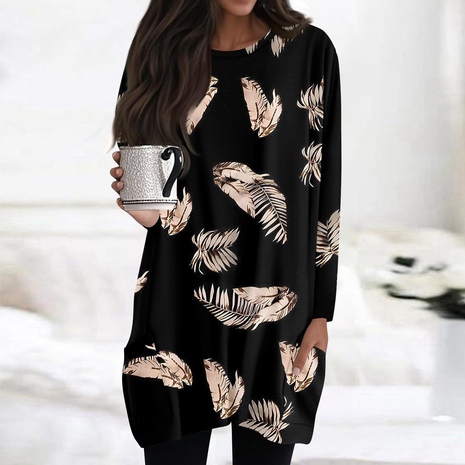 

Женские топы с круглым вырезом, блузки с длинным рукавом, повседневные рубашки средней длины, модные туники с принтом и карманами L чёрный