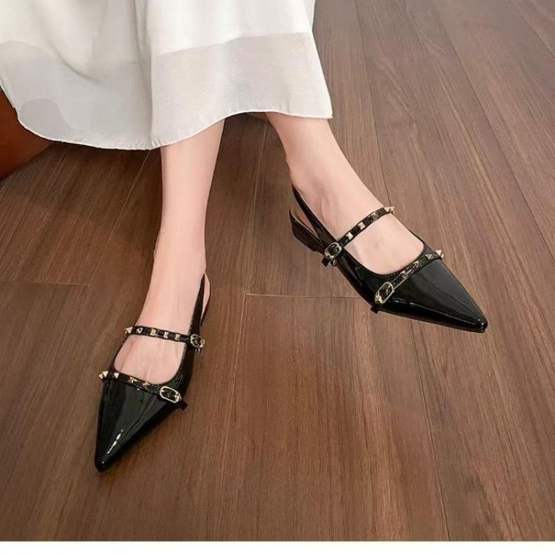 

Сандалии с заклепками на носке, женская летняя обувь, заостренный носок, мелкий вырез, ремешок, мягкая подошва, плоская обувь больших размеров 40 чёрный