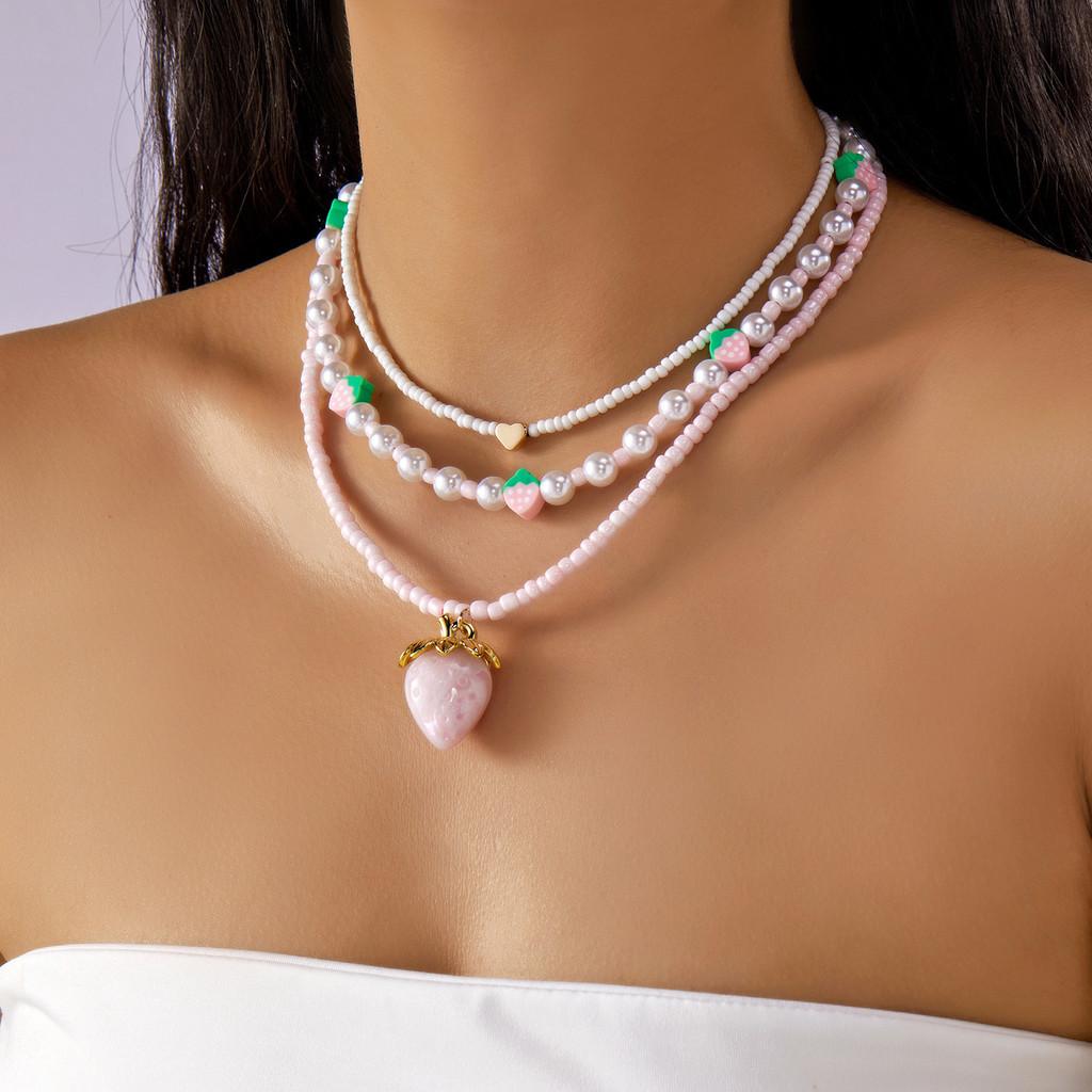 Romantic Heart Pearl Choker Necklace With Cherry And Strawberry Charms For Girls