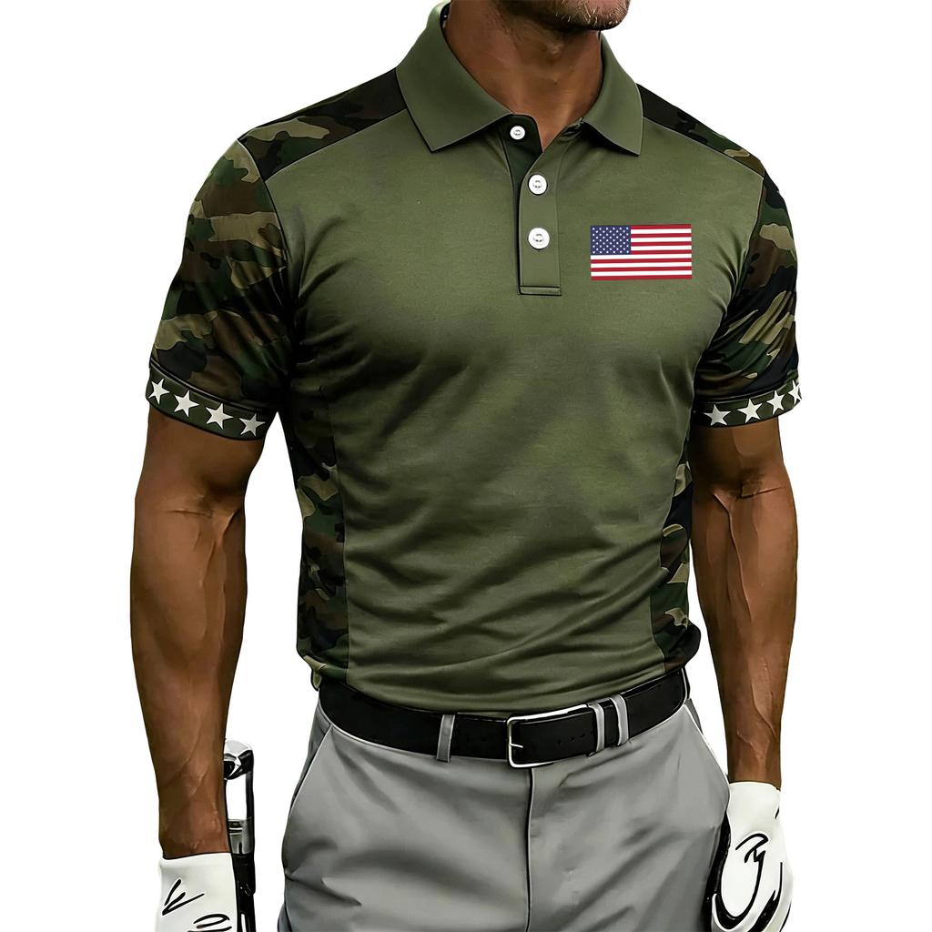Men Golf Polo Shirt Short Sleeve Button Up Collared Top with USA Flag Print Casual Athletic Fit for Outdoor Sports
