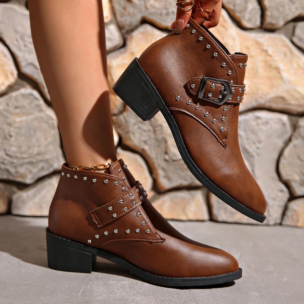 Fashion Fashion Rivet Motorcycle Boots for Women Retro Pointed Toe Thick Heeled Black Ankle Boots Woman Autumn Winter PU Leather Booties