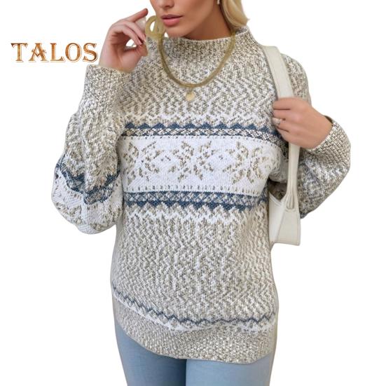 Зимний женский рождественский свитер с полувысоким воротником цветной узор в виде снежинок длинный рукав трикотаж толстый теплый новогодний свитер S абрикосовый 2489₽