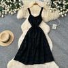 New Fall/Winter Sexy Spaghetti Strap Knitted Midi Dress for Women Elegant Sleeveless Hollow Out Embroidery Slim Sweater Dress