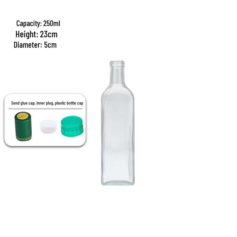 Hochwertige Speiseölflaschen: Dunkelgrünes Glas für Olivenöl, Walnussöl, Erdnussöl und quadratisches Glas für Sesamöl.