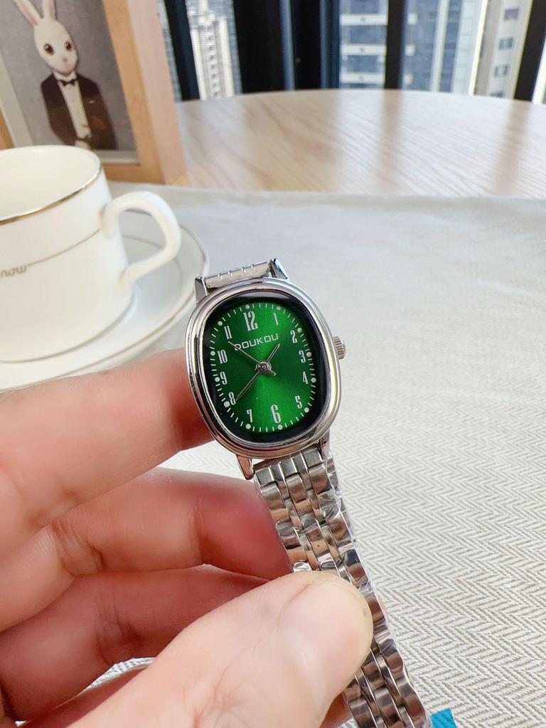 Women's Minimalist Quartz Watch with Elliptical Dial and Digital Markers, Steel Band, Small Wristwatch