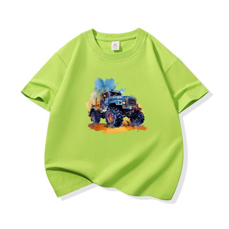 Kids Cotton T Shirt Cool Watercolor Offroad Car Print Crew Neck Short Sleeve Tee Casual Breathable Boys Girls Summer Tops