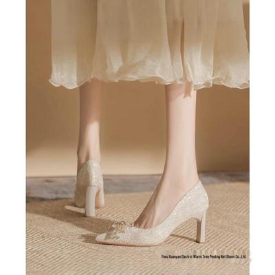 2025 Spring French Bride Comfortable Rhinestone Chunky Heel Wedding Shoes