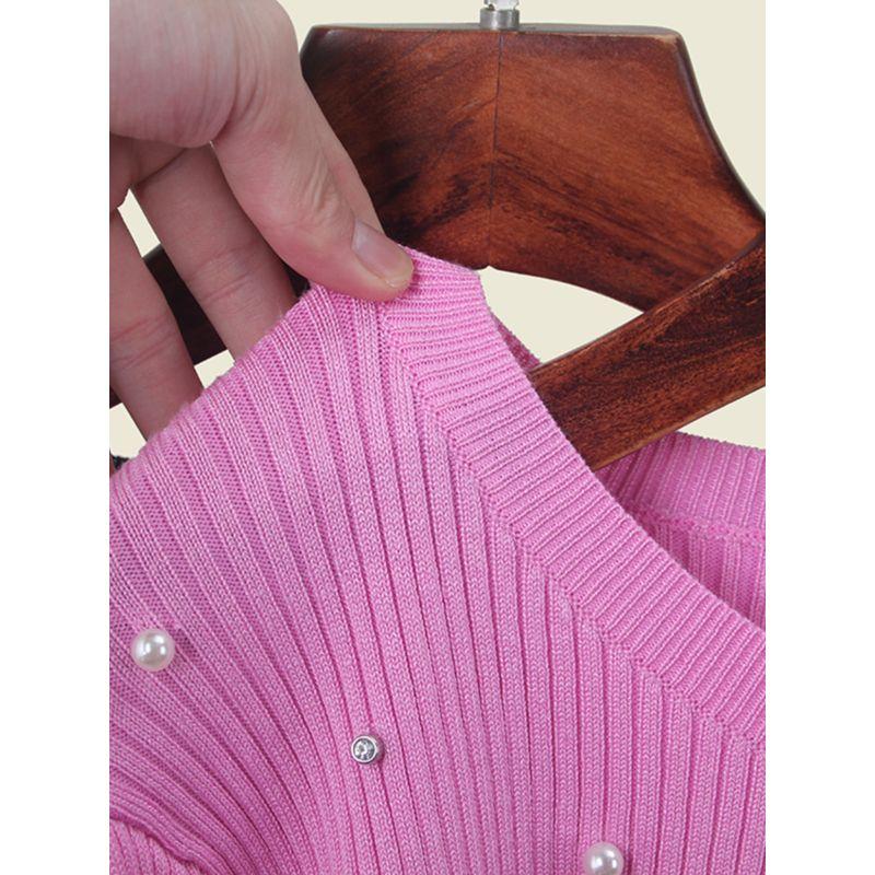 Fresh Sweet Fashion Temperament Pearl Decoration Knit sweater Women Foreign Trade Rib Japan fashion Light Luxury Bottoming Shirt