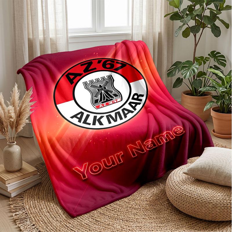 Couverture en Flanelle Personnalisée avec Nom et Texte AZ Alkmaar Logo de Football Couverture Polaire Personnalisée Cadeau Spécial pour Canapé Chambre Maison