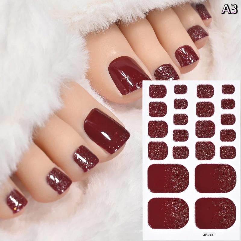 22Pcs/Sheet Toe Nail Sticker Wraps Baking Free Simple Solid Color Glitter Full Cover Toenail Polish Strips Waterproof