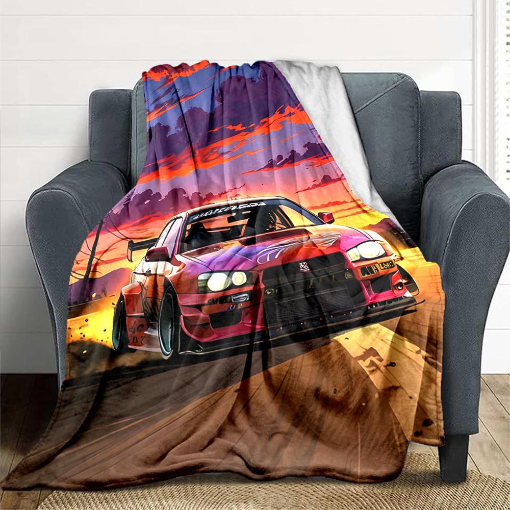 1pc Drift Car, Sunset Blanket Lightweight Flannel Blanket Throw Blanket For Sofa, Bed, Travel, Camping, Livingroom, Office, Couch